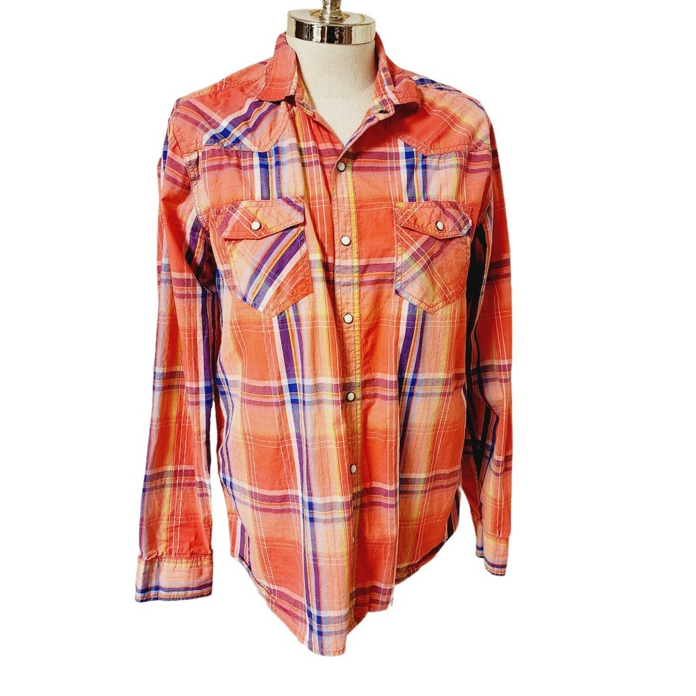 Red Camel Large Plaid Long Sleeve Button Up Western Shirt w/ Pearl Buttons‎